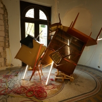 Installation des Künstlers Nir Alon, Hamburg auf der Baustelle des Jüdischen Museums Frankfurt, Untermainkai 14, anläßlich der Projekttage "Open House"